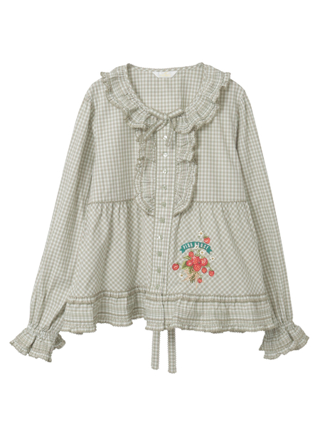 苺ブーケ刺繍入りオリジナルチェックブラウス