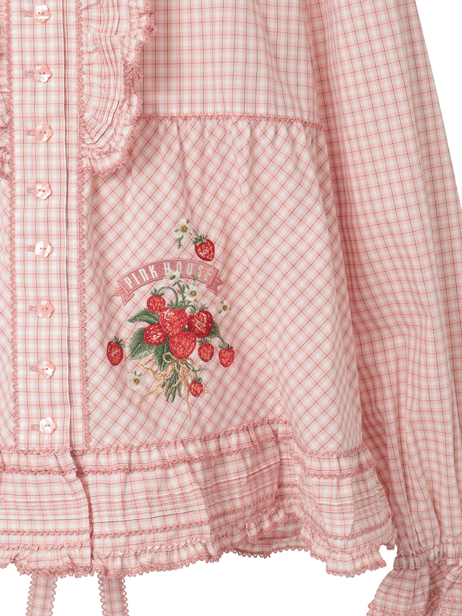 苺ブーケ刺繍入りオリジナルチェックブラウス 詳細画像 アカ系 5
