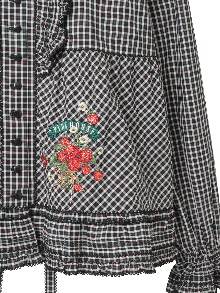 苺ブーケ刺繍入りオリジナルチェックブラウス 詳細画像 アカ系 7