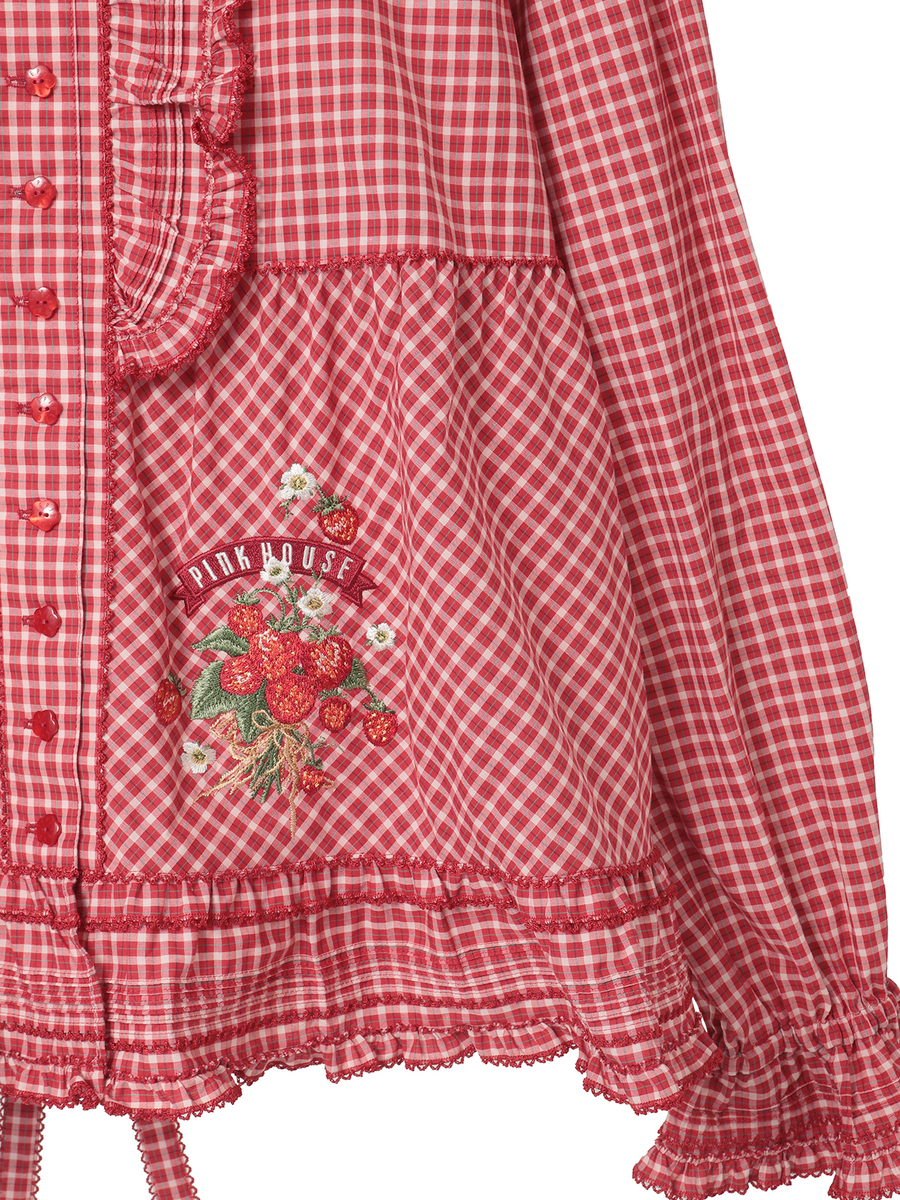 苺ブーケ刺繍入りオリジナルチェックブラウス 詳細画像 アカ系 8