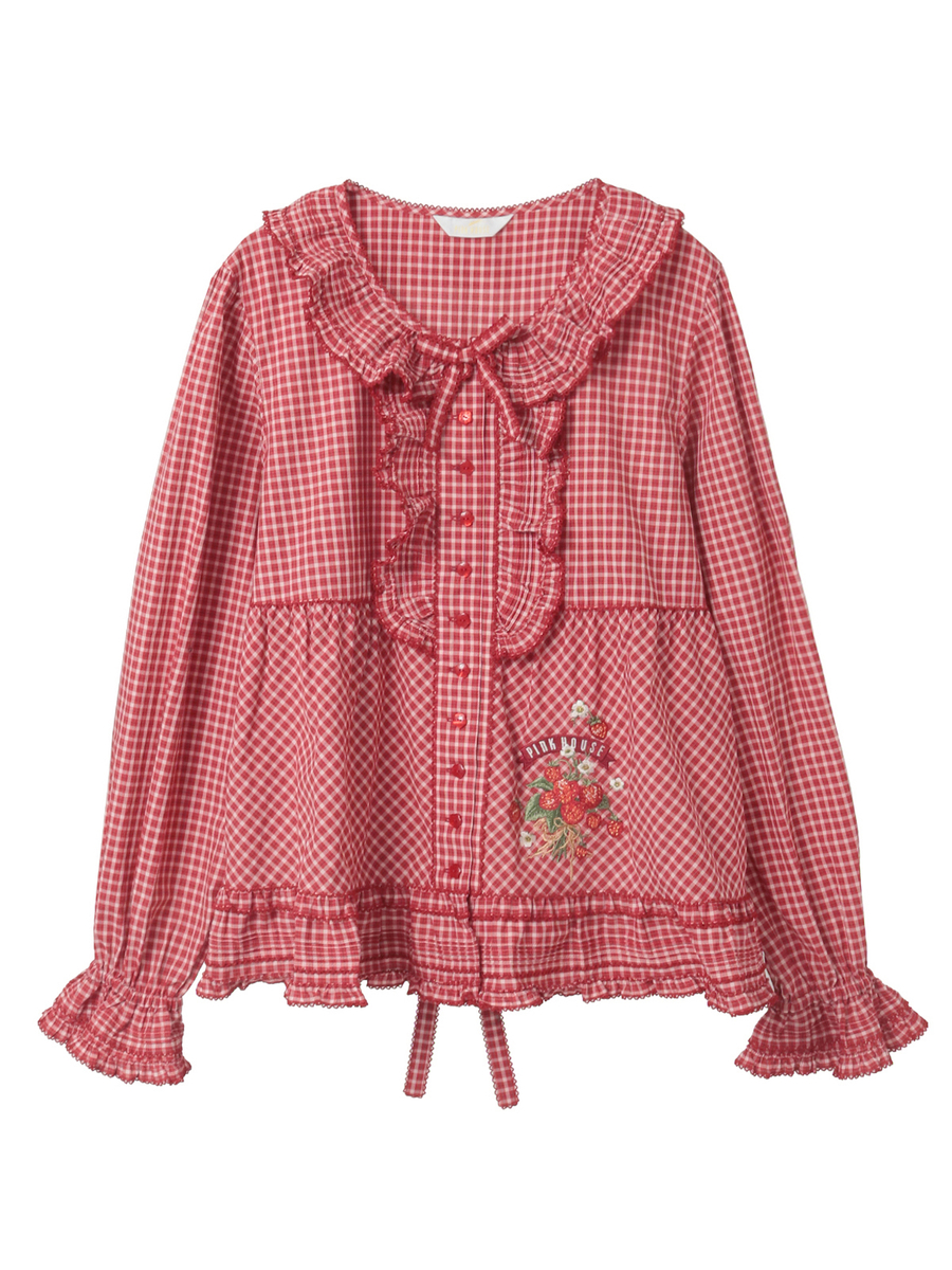 苺ブーケ刺繍入りオリジナルチェックブラウス 詳細画像 アカ系 1