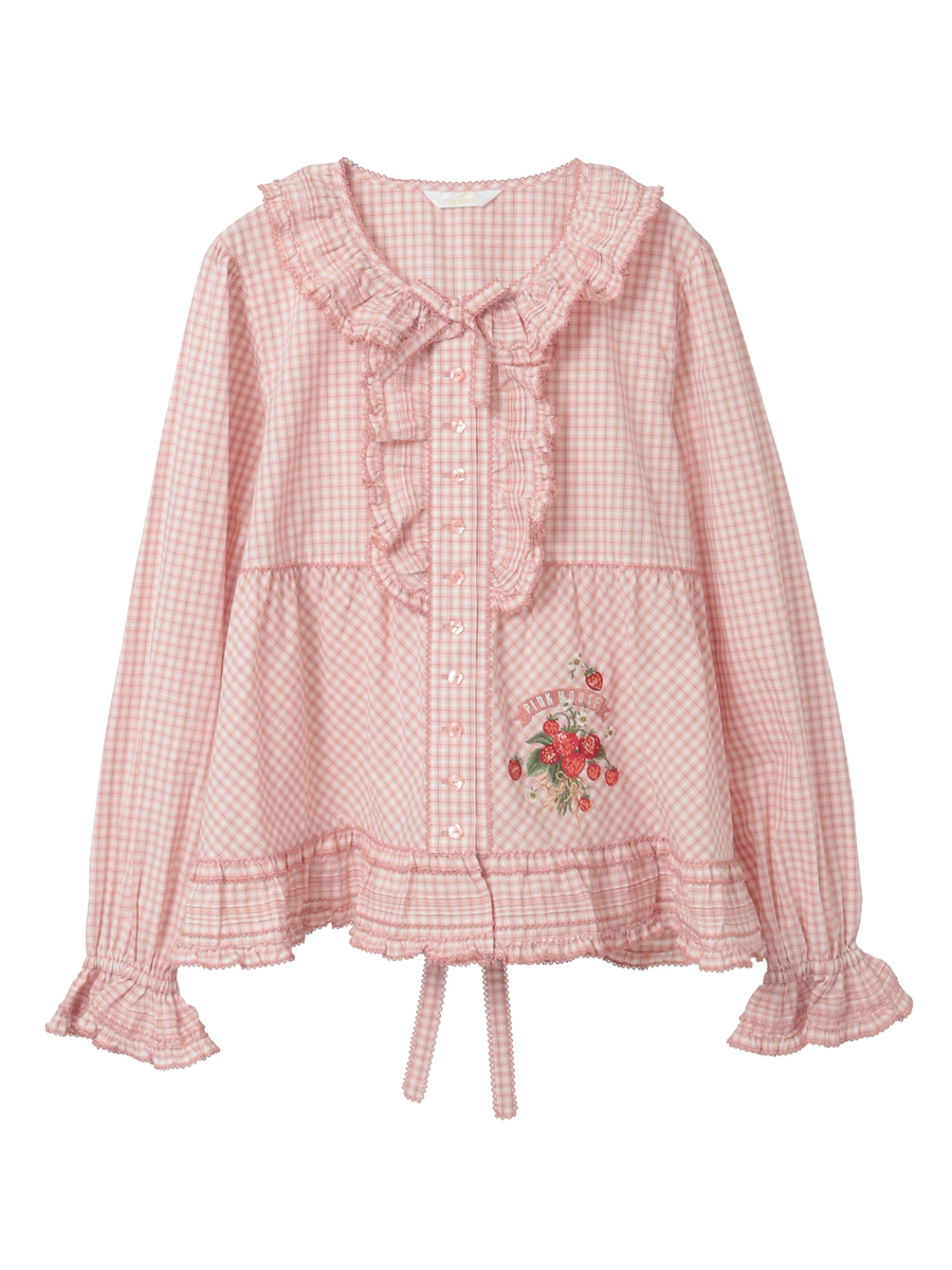 苺ブーケ刺繍入りオリジナルチェックブラウス 詳細画像 ピンク系 1