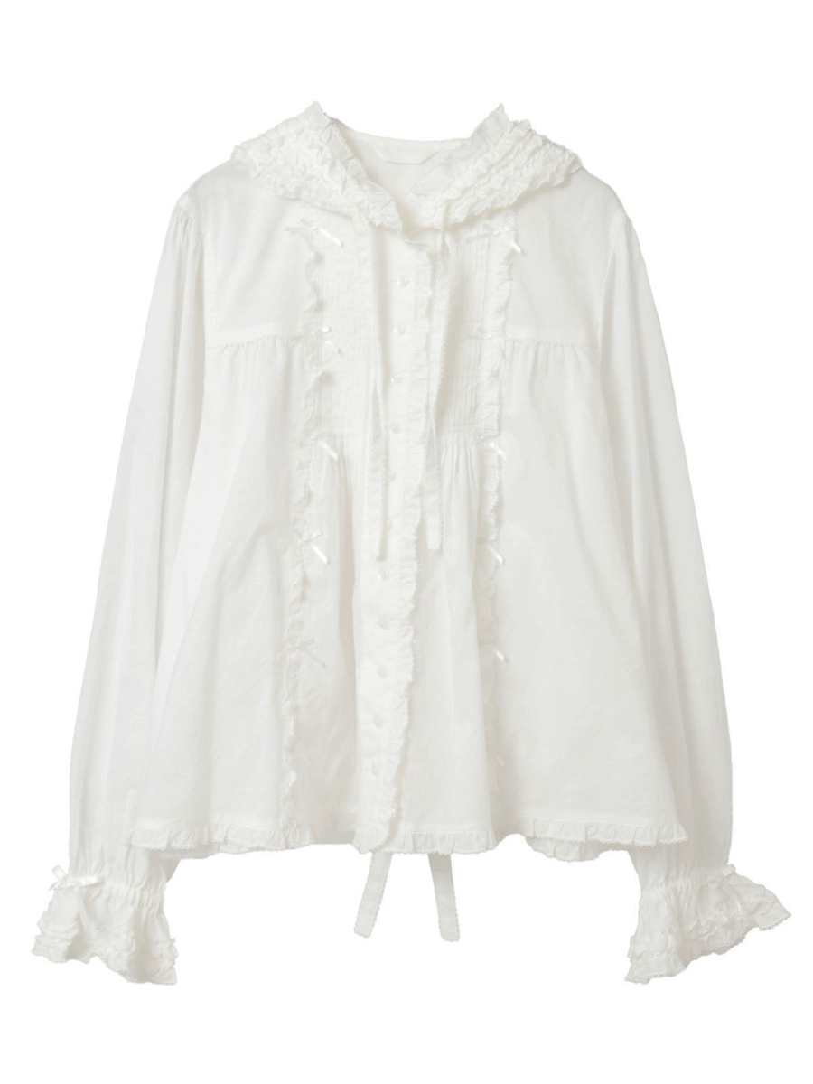フリル使いローンフードブラウス 詳細画像 シロ 1