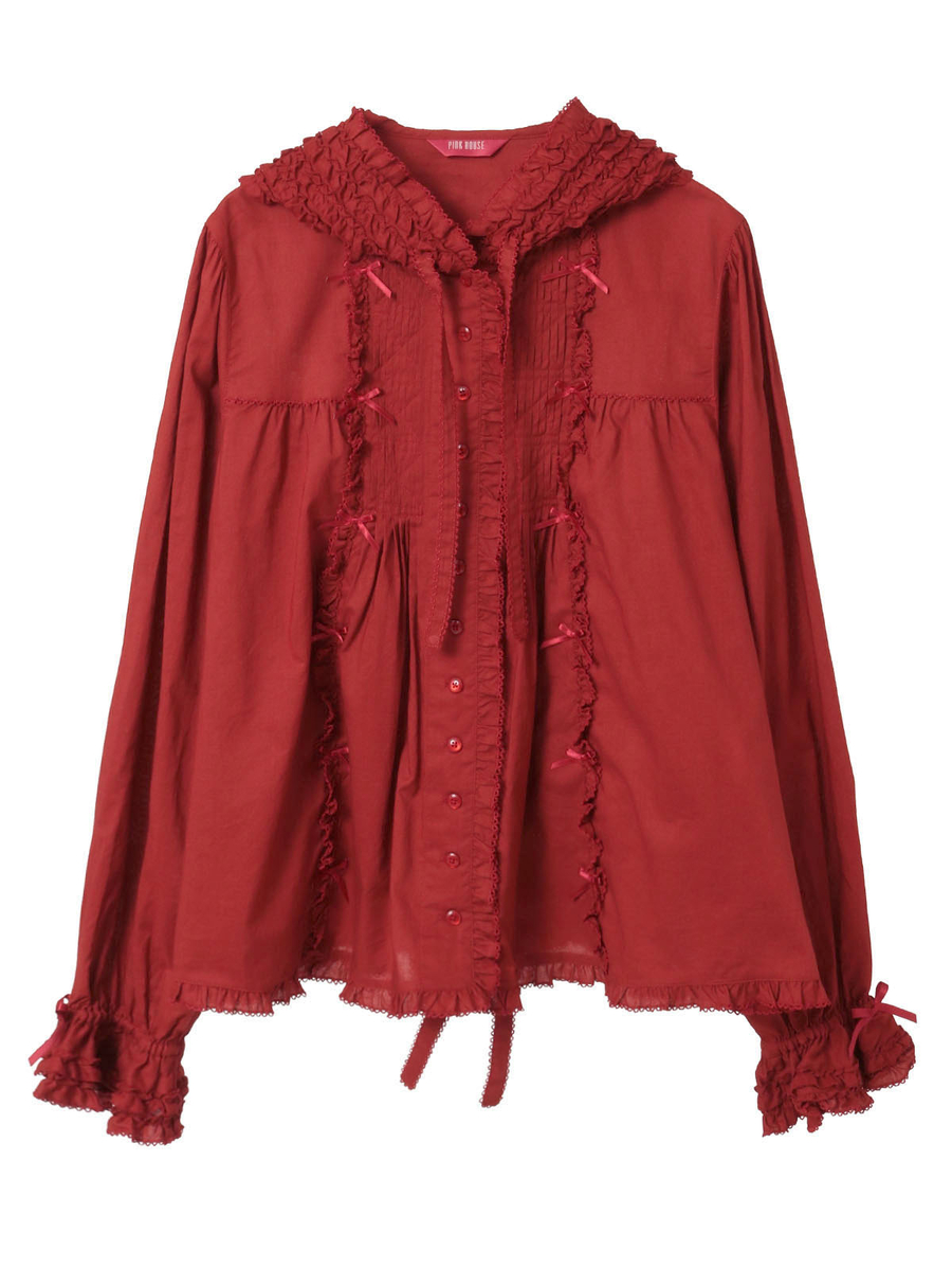 フリル使いローンフードブラウス 詳細画像 アカ 1