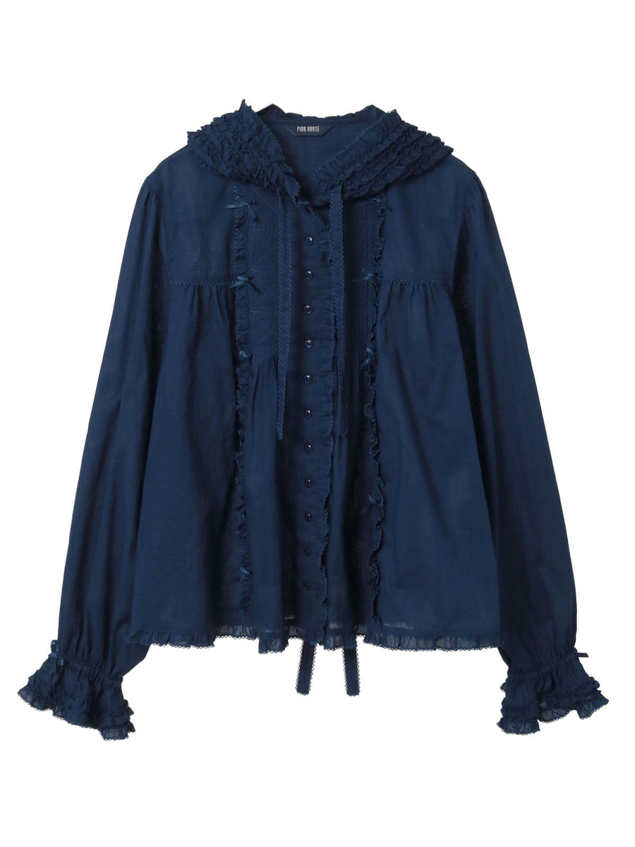 フリル使いローンフードブラウス 詳細画像 ネイビー 1