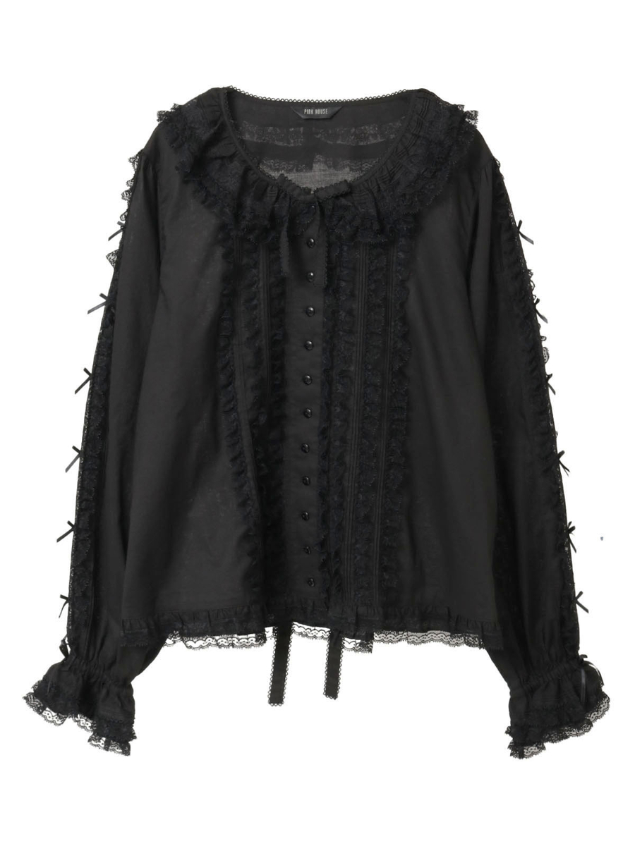 レース＆リボン使いローンブラウス 詳細画像 クロ 1