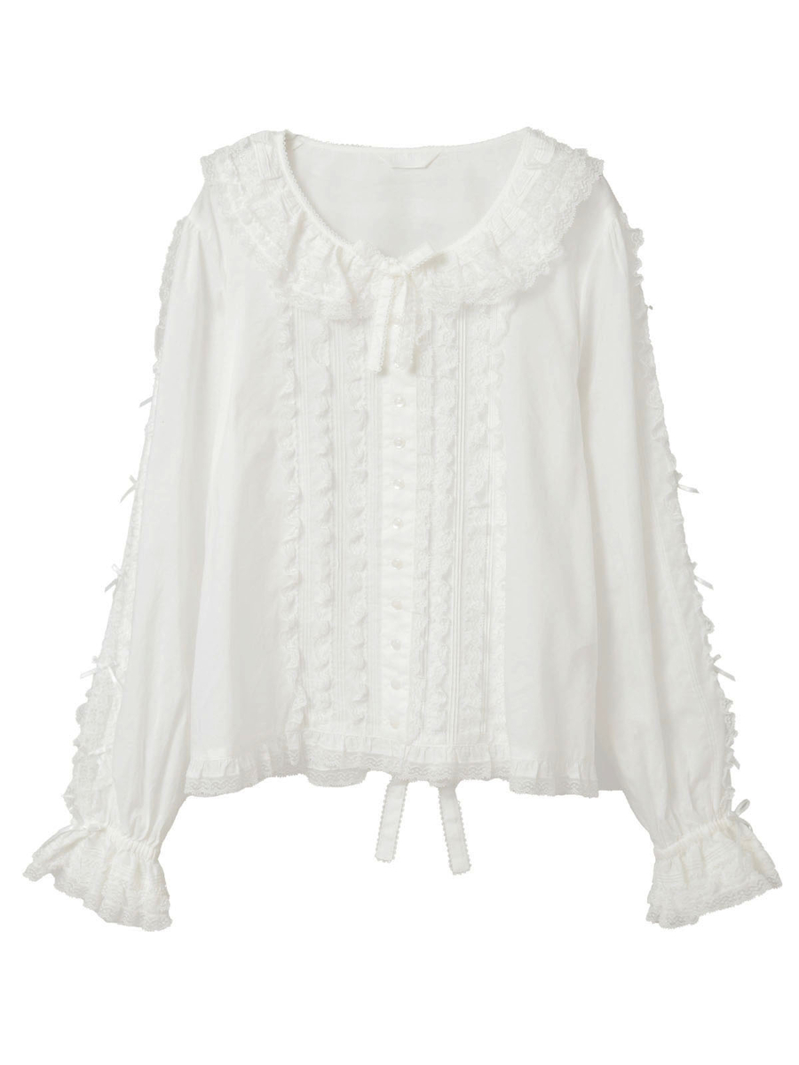 レース＆リボン使いローンブラウス 詳細画像 シロ 1