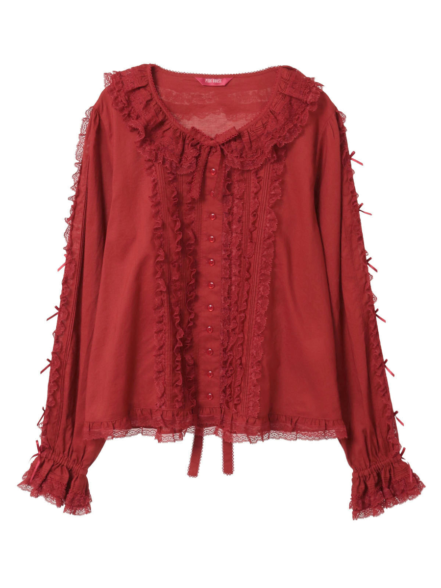 レース＆リボン使いローンブラウス 詳細画像 アカ 1