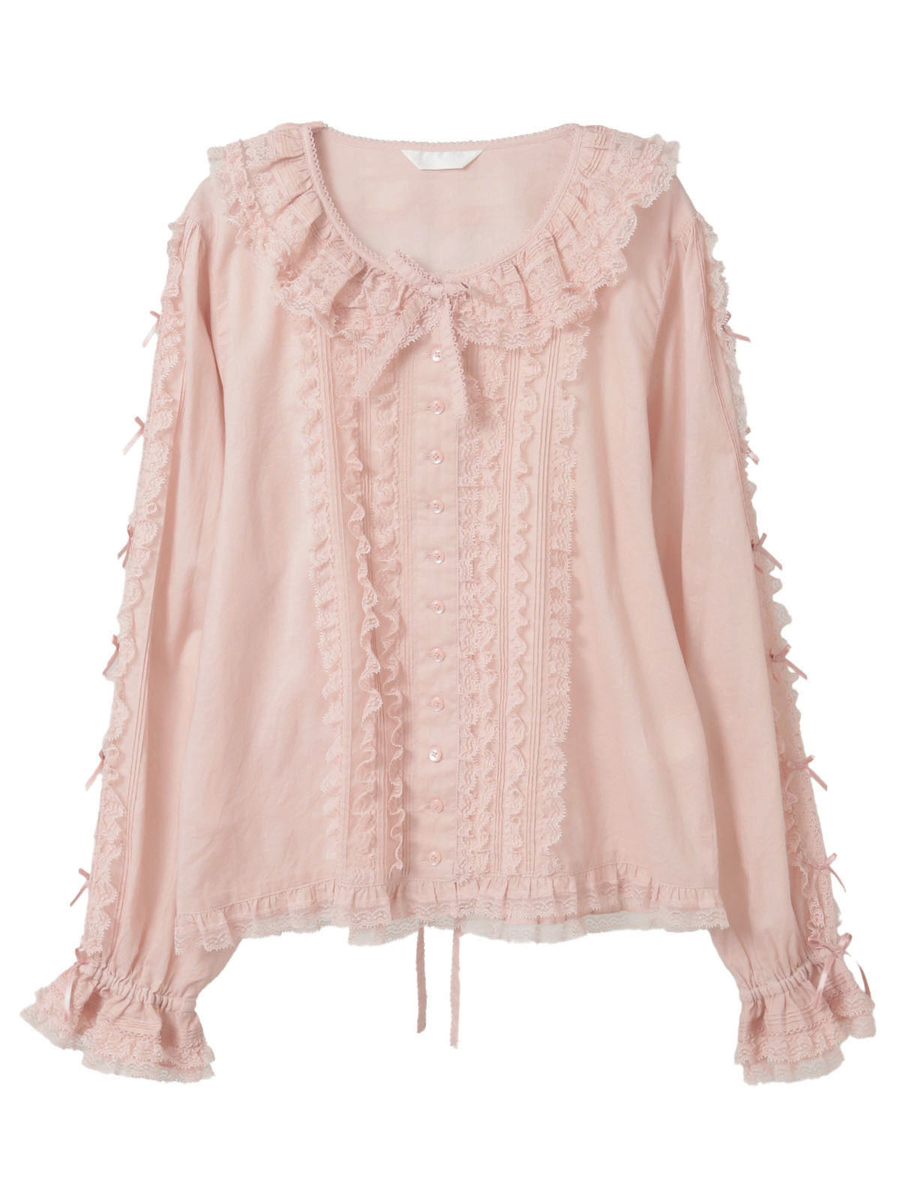 レース＆リボン使いローンブラウス 詳細画像 ピンク 1
