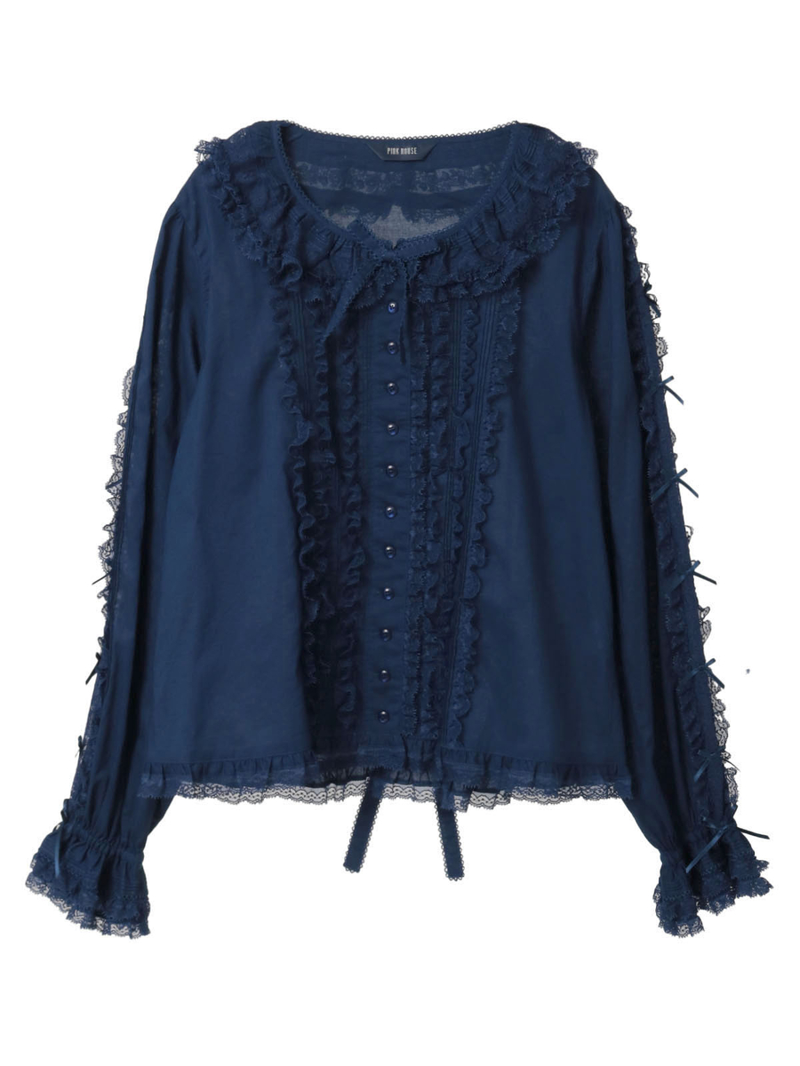 レース＆リボン使いローンブラウス 詳細画像 ネイビー 1