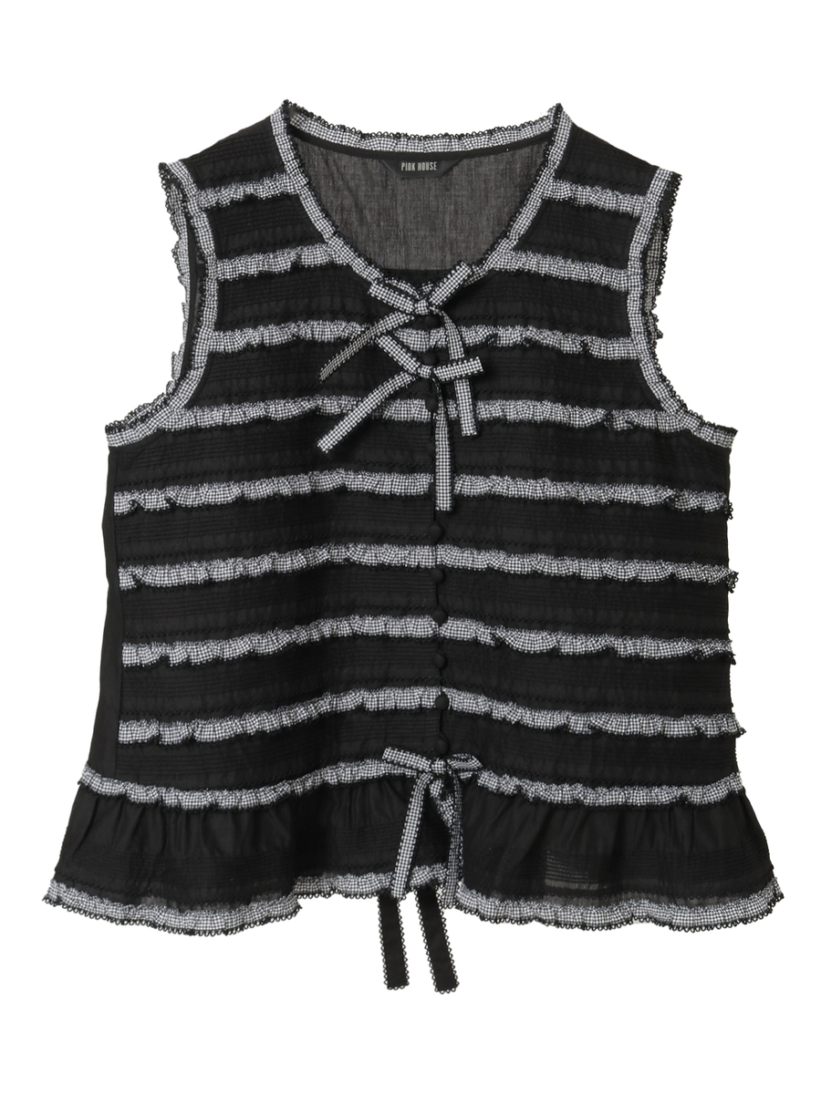 ギンガムフリル使いローンノースリーブブラウス 詳細画像 クロ 1