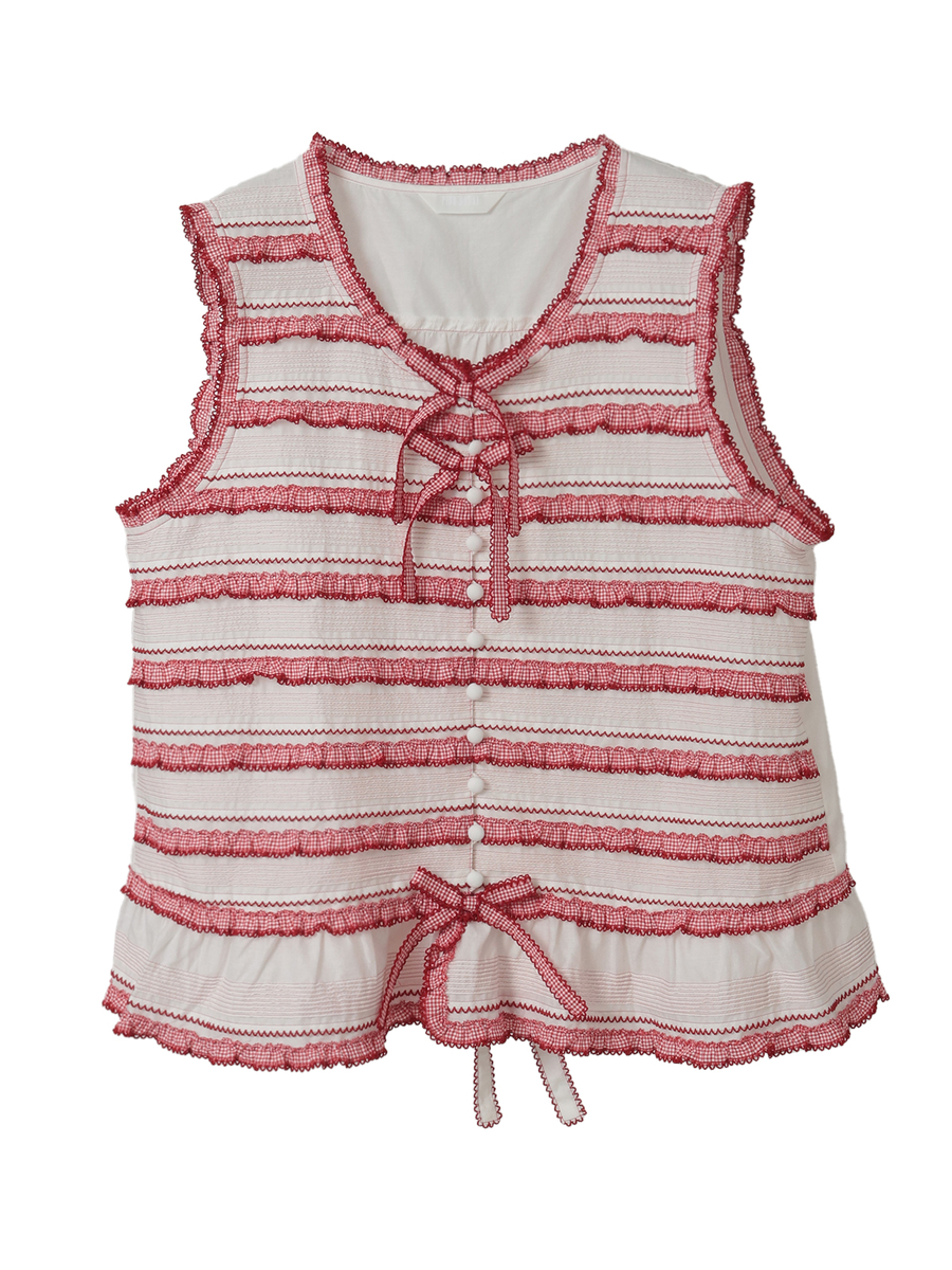 ギンガムフリル使いローンノースリーブブラウス 詳細画像 シロ 1