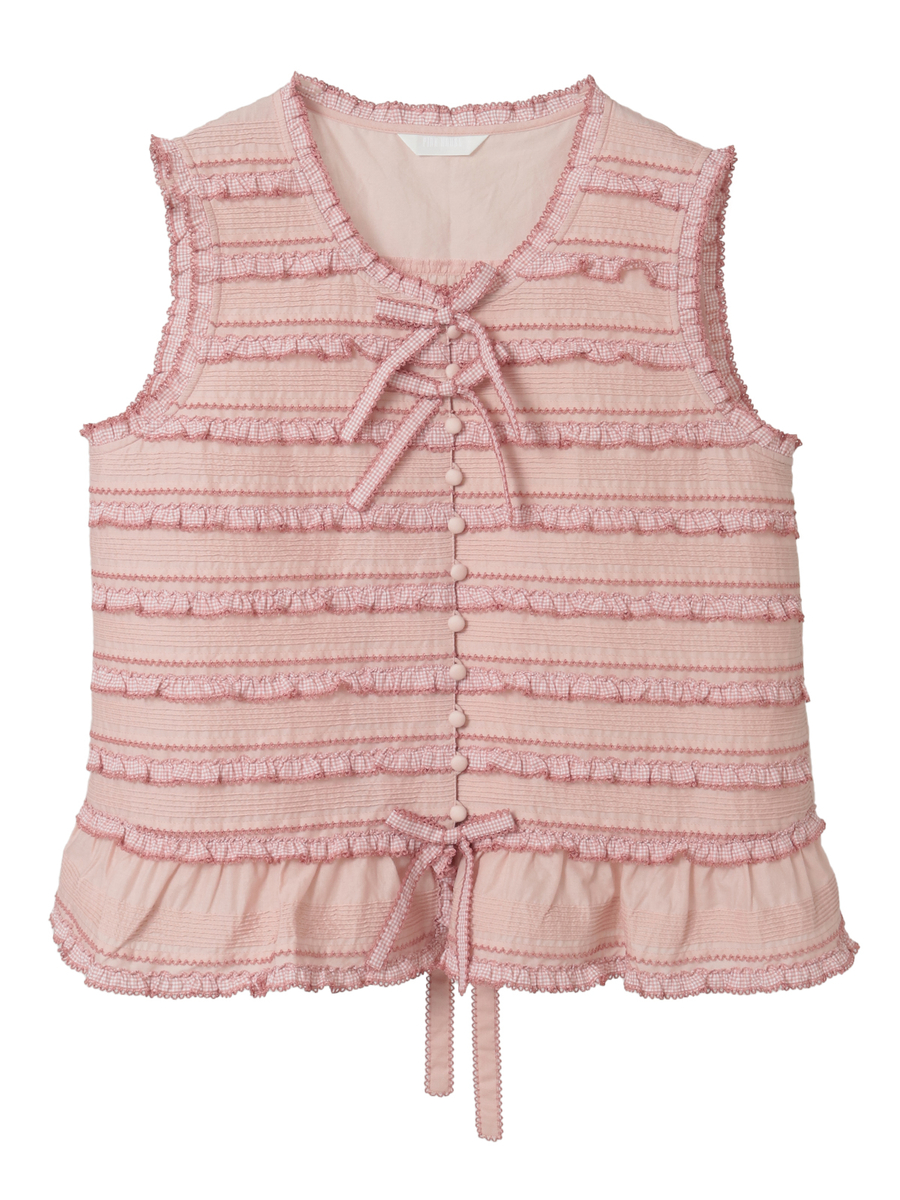 ギンガムフリル使いローンノースリーブブラウス 詳細画像 ピンク 1