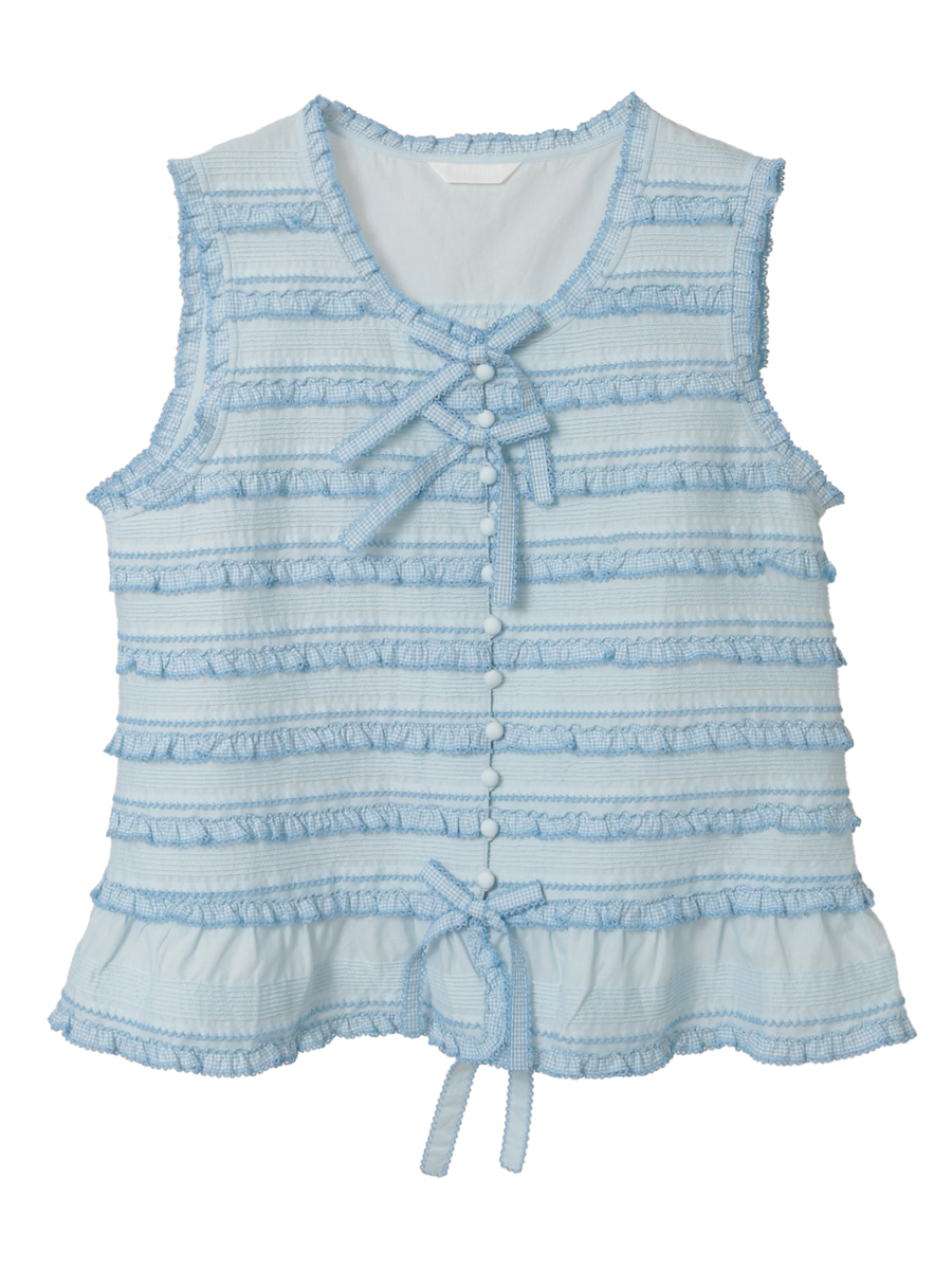 ギンガムフリル使いローンノースリーブブラウス 詳細画像 ソライロ 1