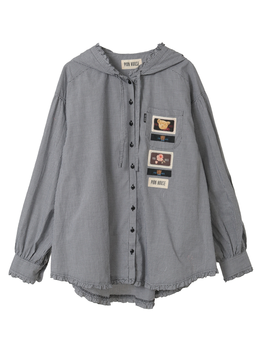 ネームワッペン使いギンガムフードブラウス 詳細画像 クロ 1