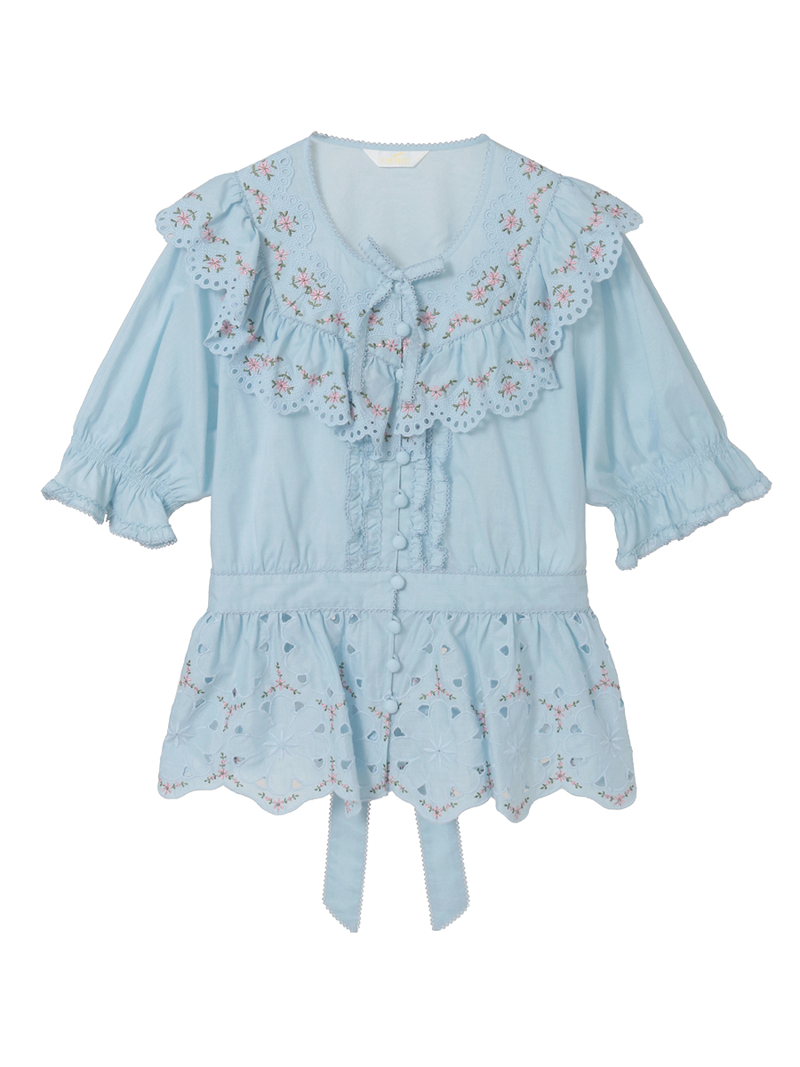フラワーエンブレース使いブラウス 詳細画像 ブルー 1