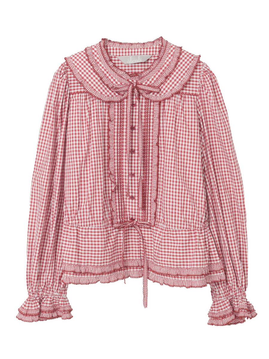【alcali x Haruka Yoshizawa】猫耳付け襟チェックブラウス 詳細画像 レッド 1