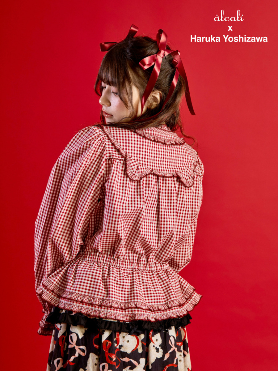 【alcali x Haruka Yoshizawa】猫耳付け襟チェックブラウス 詳細画像 レッド 3