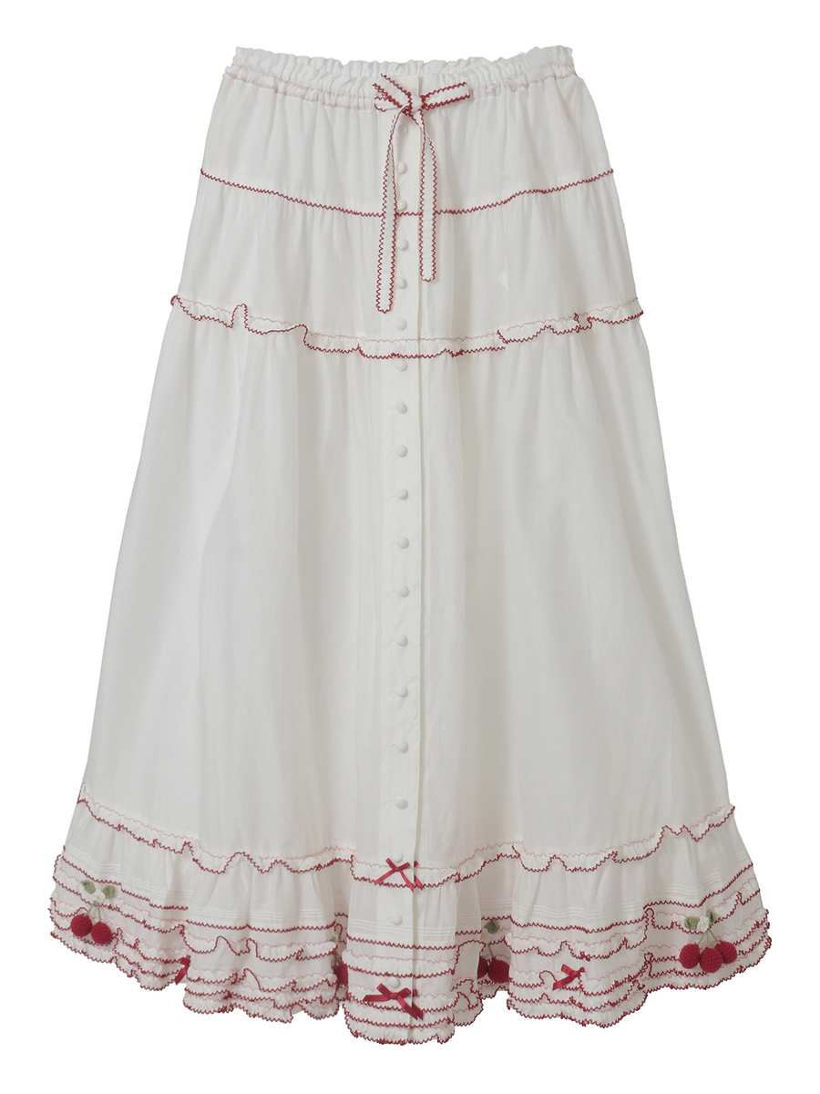 さくらんぼモチーフ使いフリルスカート 詳細画像 シロ&times;アカ 1