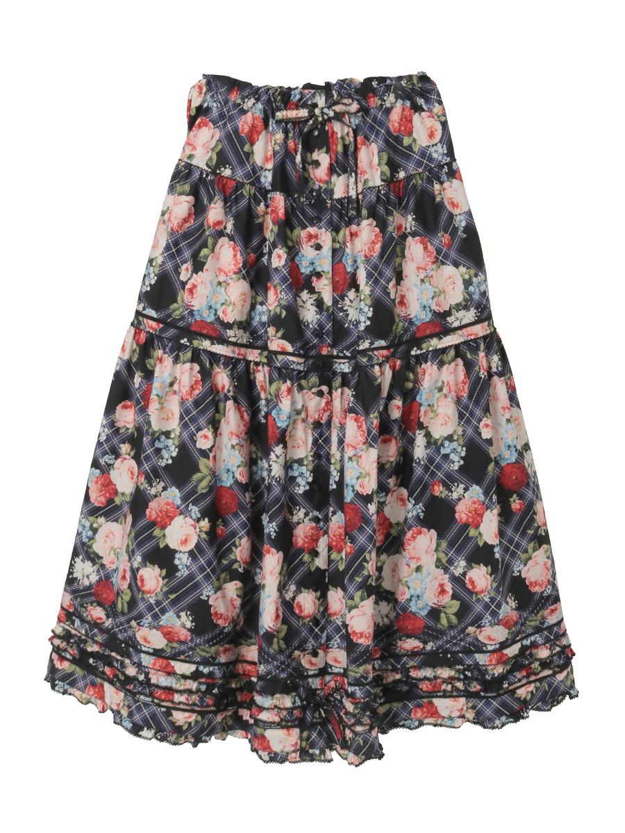 フラワーチェックプリントスカート 詳細画像 クロ 1