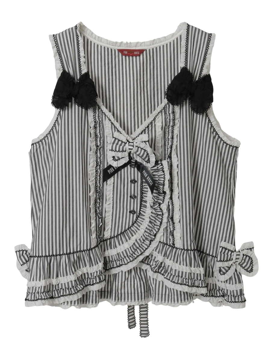 ローンフリル使いストライプベストブラウス 詳細画像 ピンク 1