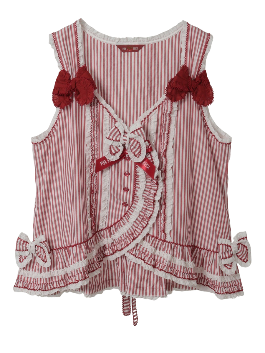 ローンフリル使いストライプベストブラウス 詳細画像 アカ 1