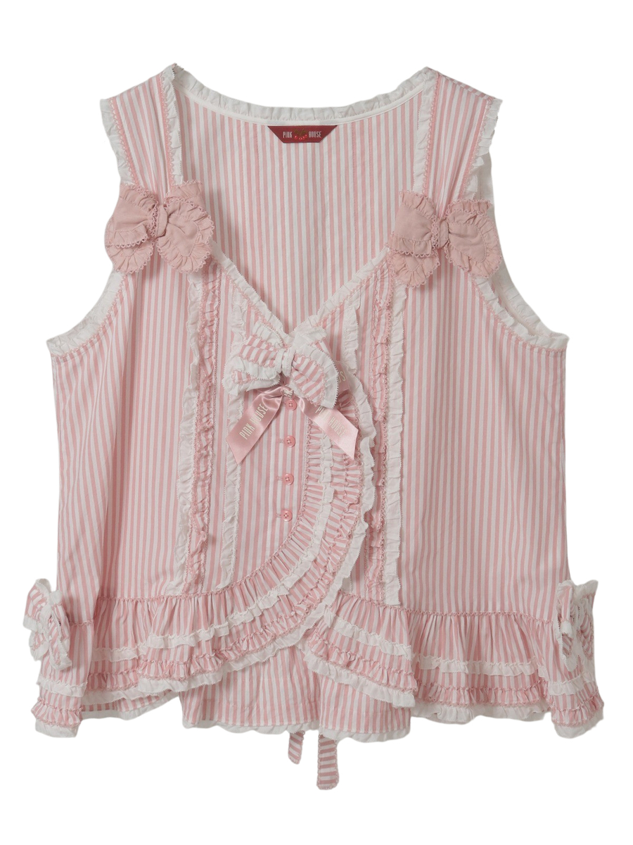 ローンフリル使いストライプベストブラウス 詳細画像 ピンク 1