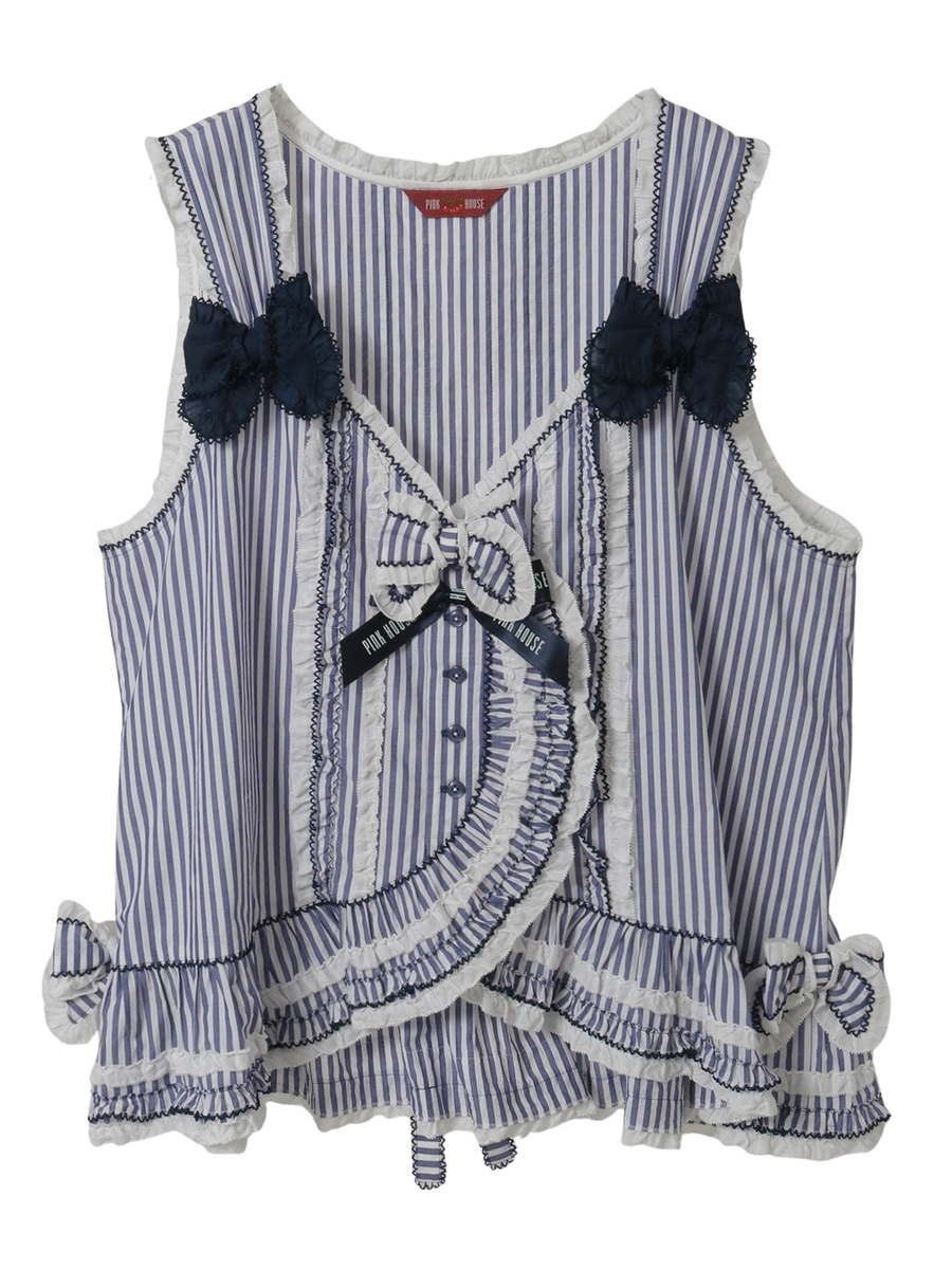ローンフリル使いストライプベストブラウス 詳細画像 ネイビー 1
