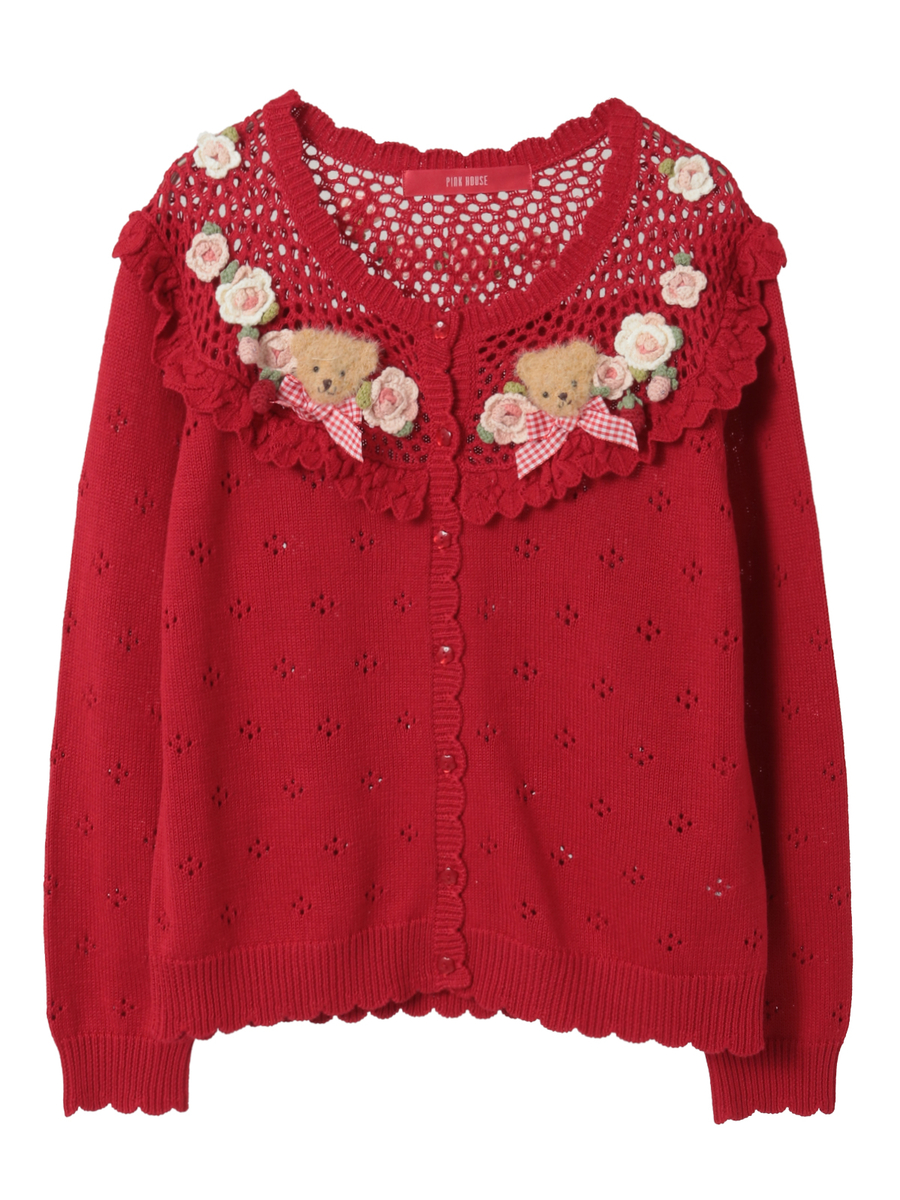 テディ＆ローズモチーフヨークニットカーディガン 詳細画像 アカ 1