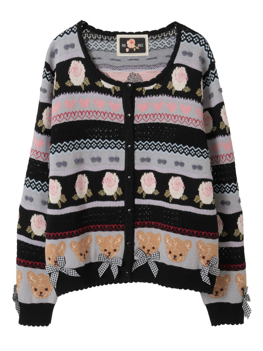 テディ＆ローズジャガードニットカーディガン 詳細画像 クロ 1