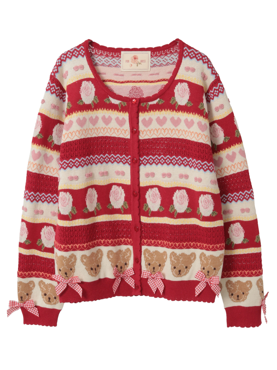 テディ＆ローズジャガードニットカーディガン 詳細画像 アカ 1