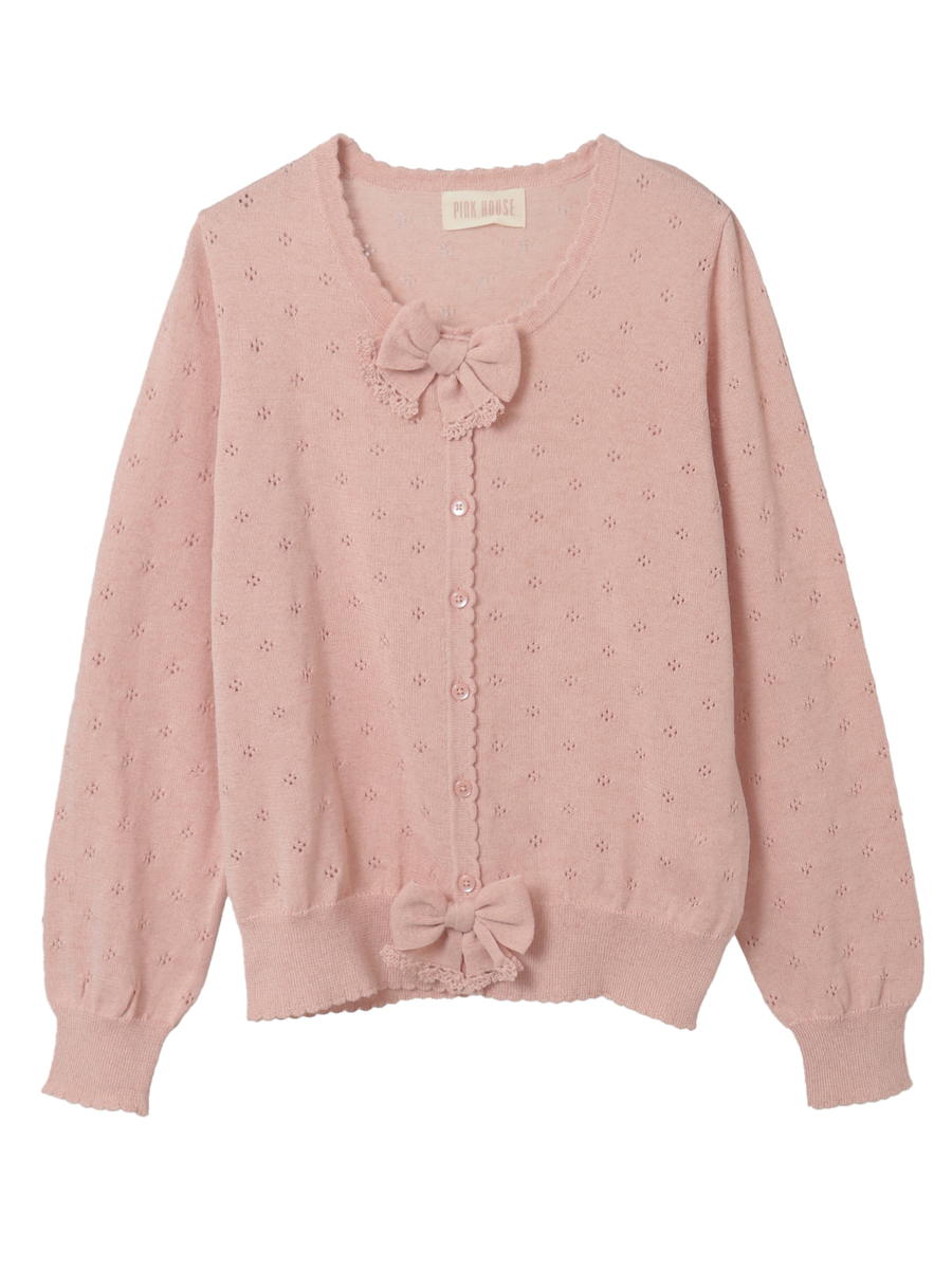 リボンモチーフ付き透かし柄カーディガン 詳細画像 ピンク 1