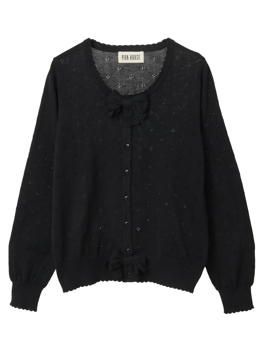 リボンモチーフ付き透かし柄カーディガン 詳細画像 クロ 1