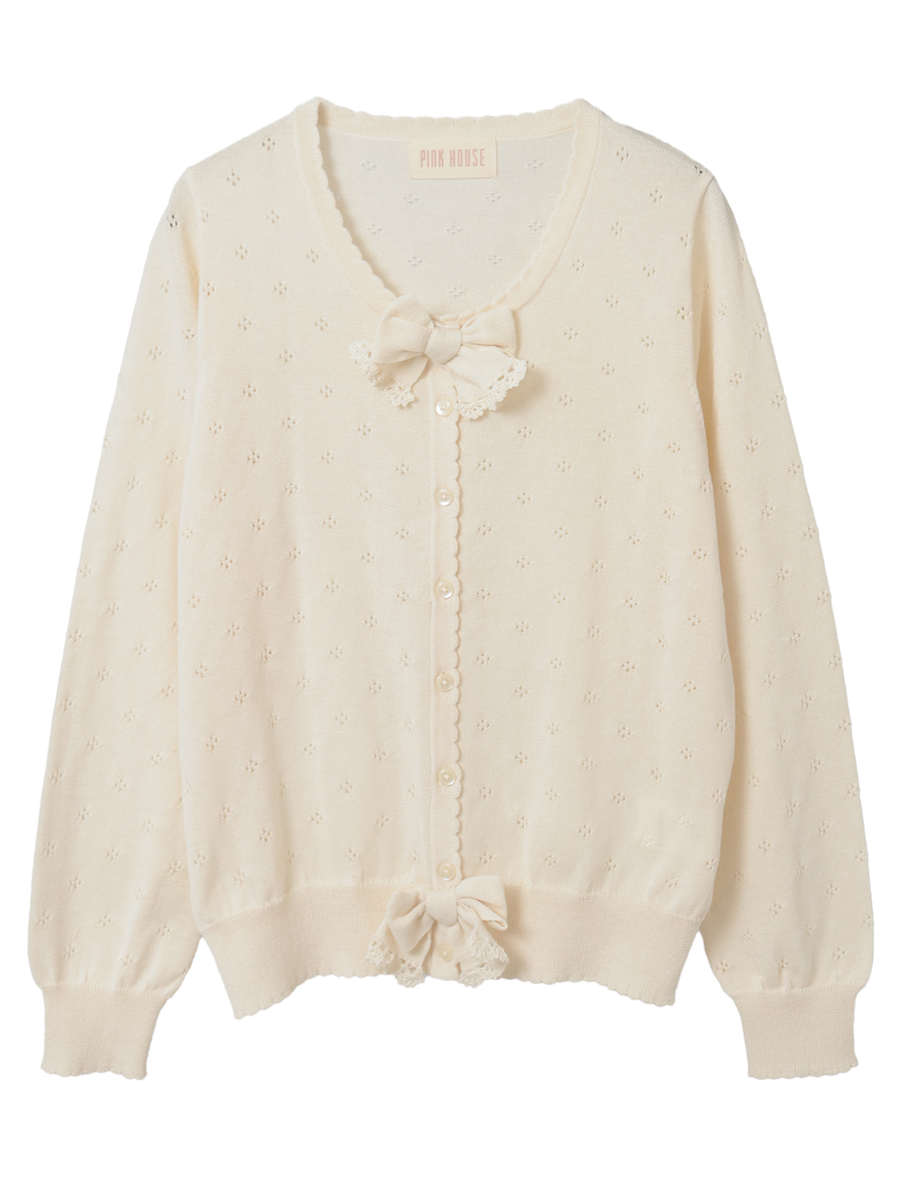 リボンモチーフ付き透かし柄カーディガン 詳細画像 アイボリー 1