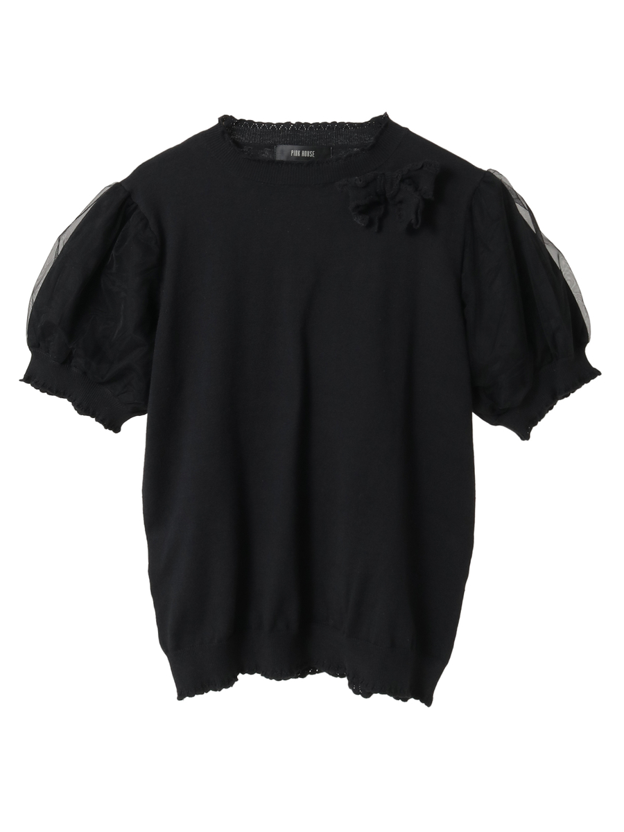 チュール使いパフスリーブニット 詳細画像 クロ 1