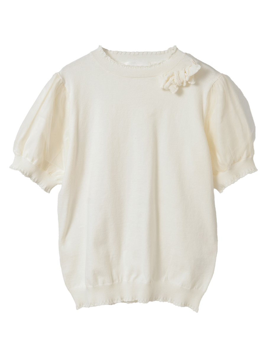 チュール使いパフスリーブニット 詳細画像 アイボリー 1