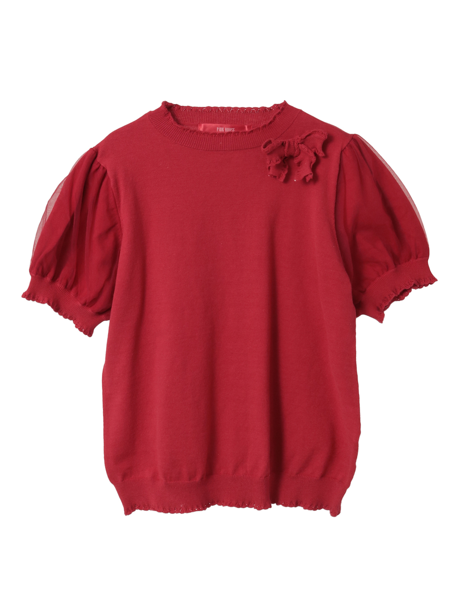 チュール使いパフスリーブニット 詳細画像 アカ 1