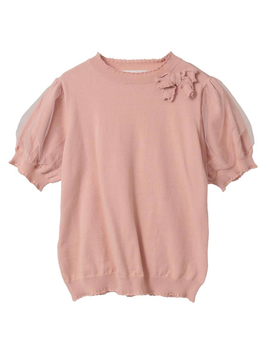 チュール使いパフスリーブニット 詳細画像 ピンク 1