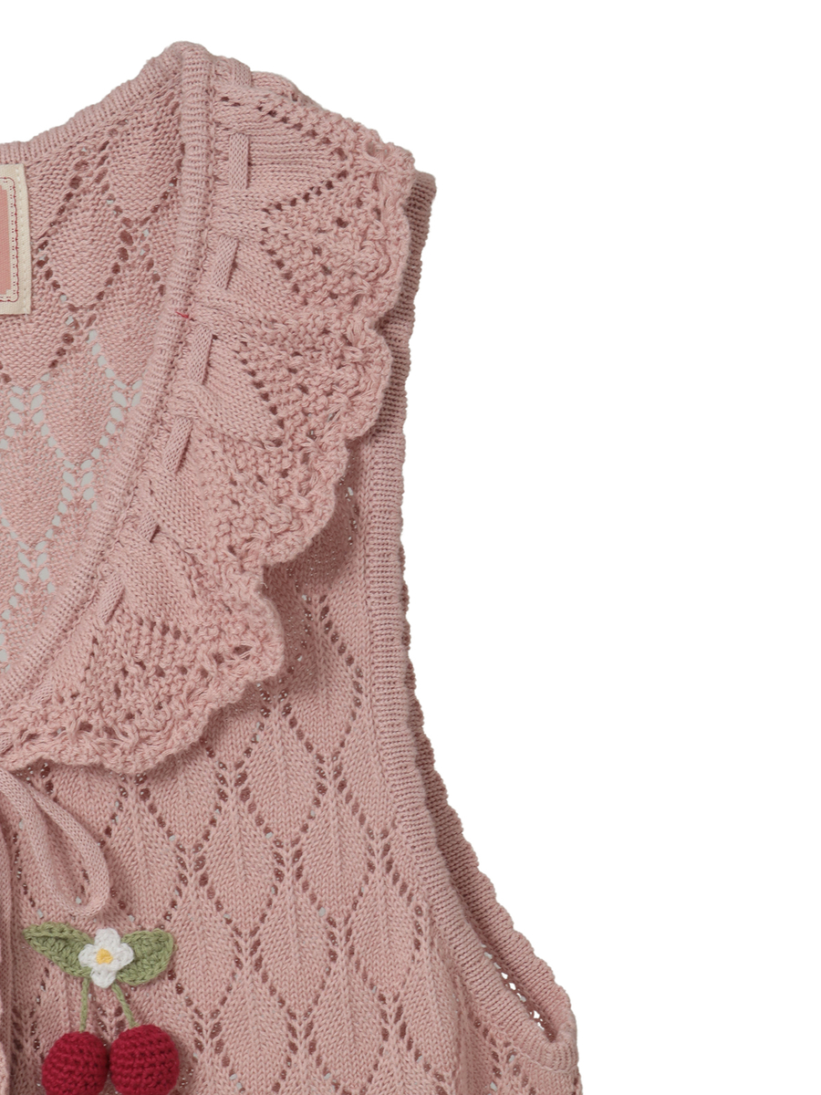 さくらんぼの日曜日モチーフ使いニットベスト 詳細画像 ピンク 5