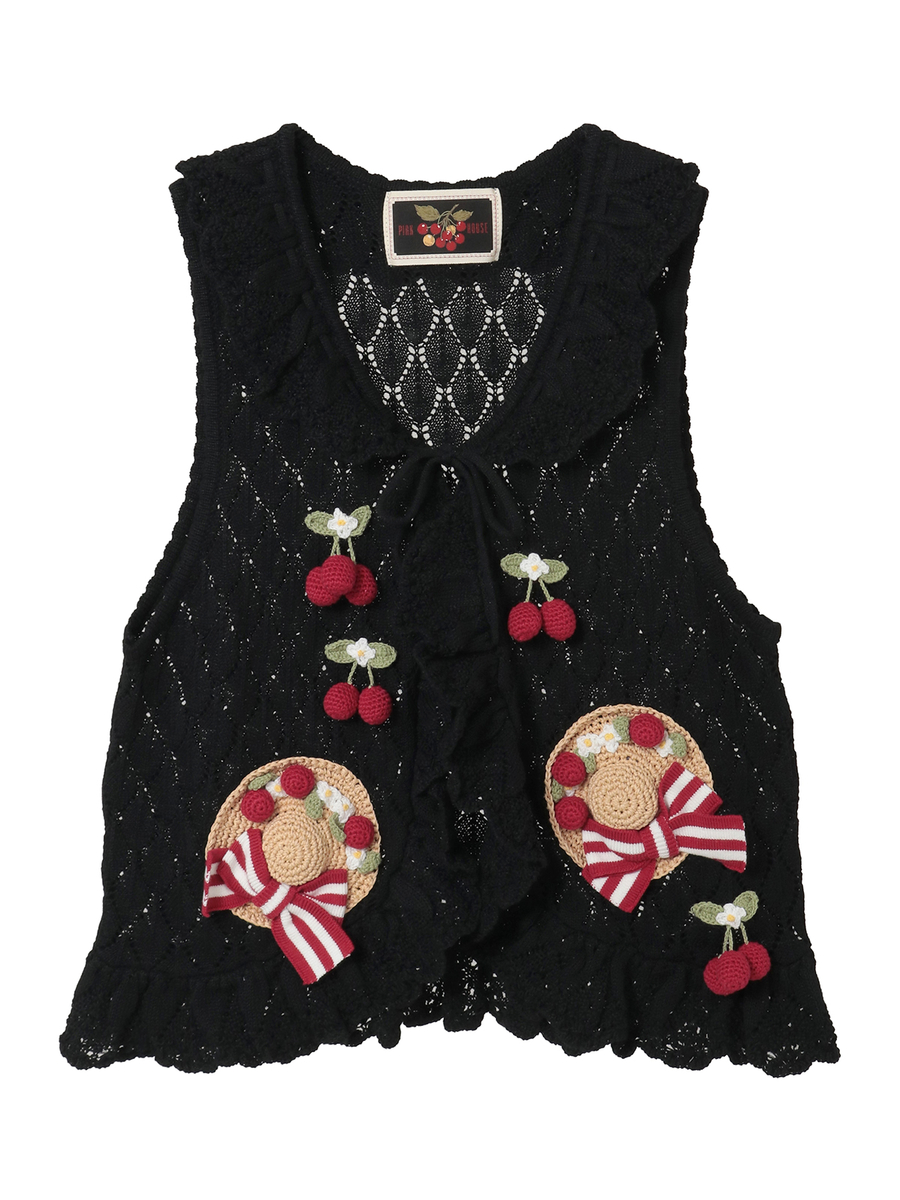 さくらんぼの日曜日モチーフ使いニットベスト 詳細画像 クロ 1