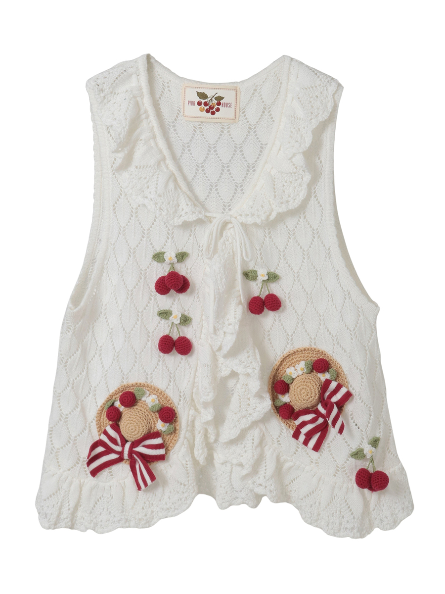 さくらんぼの日曜日モチーフ使いニットベスト 詳細画像 シロ 1