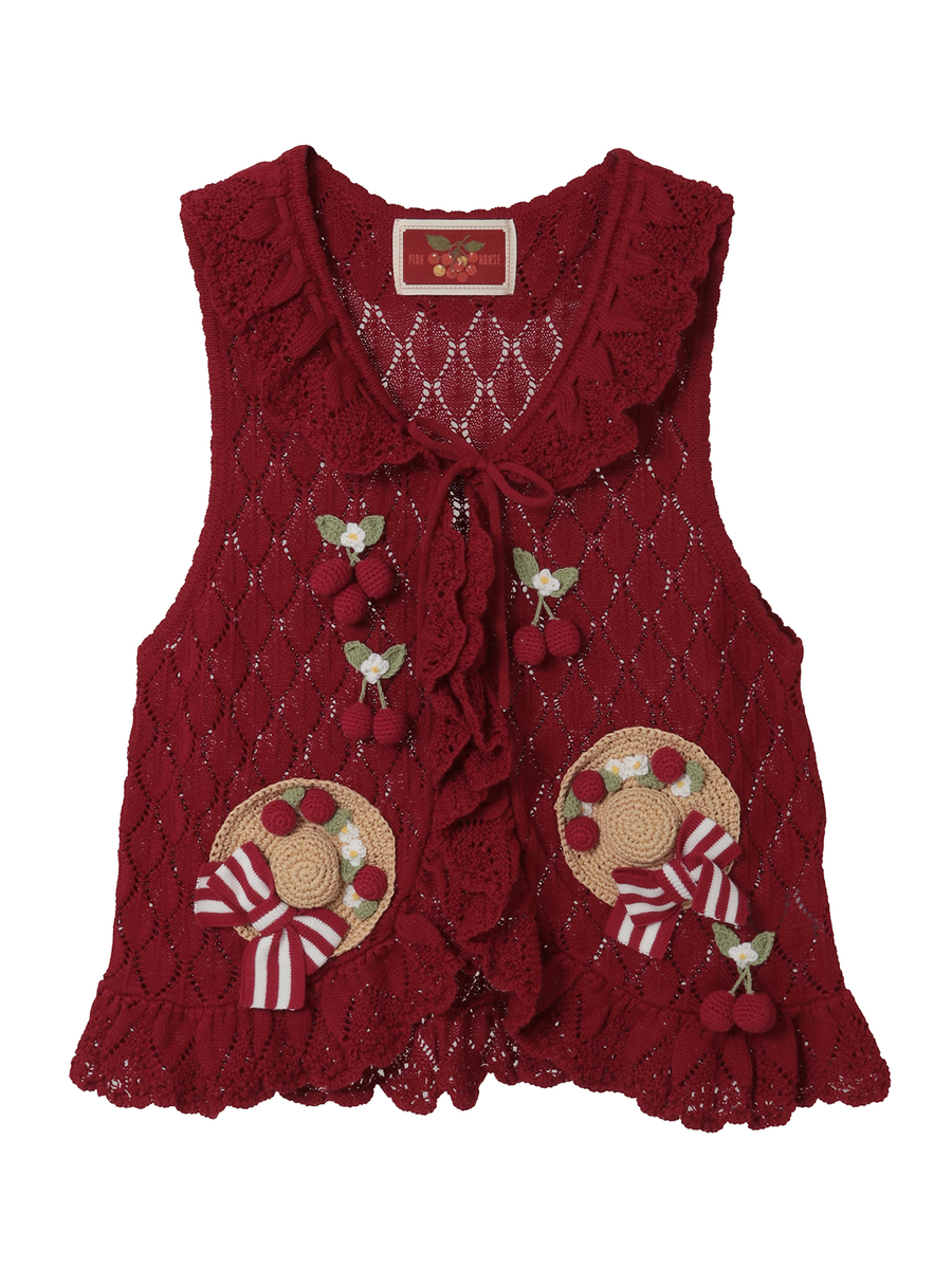 さくらんぼの日曜日モチーフ使いニットベスト 詳細画像 アカ 1