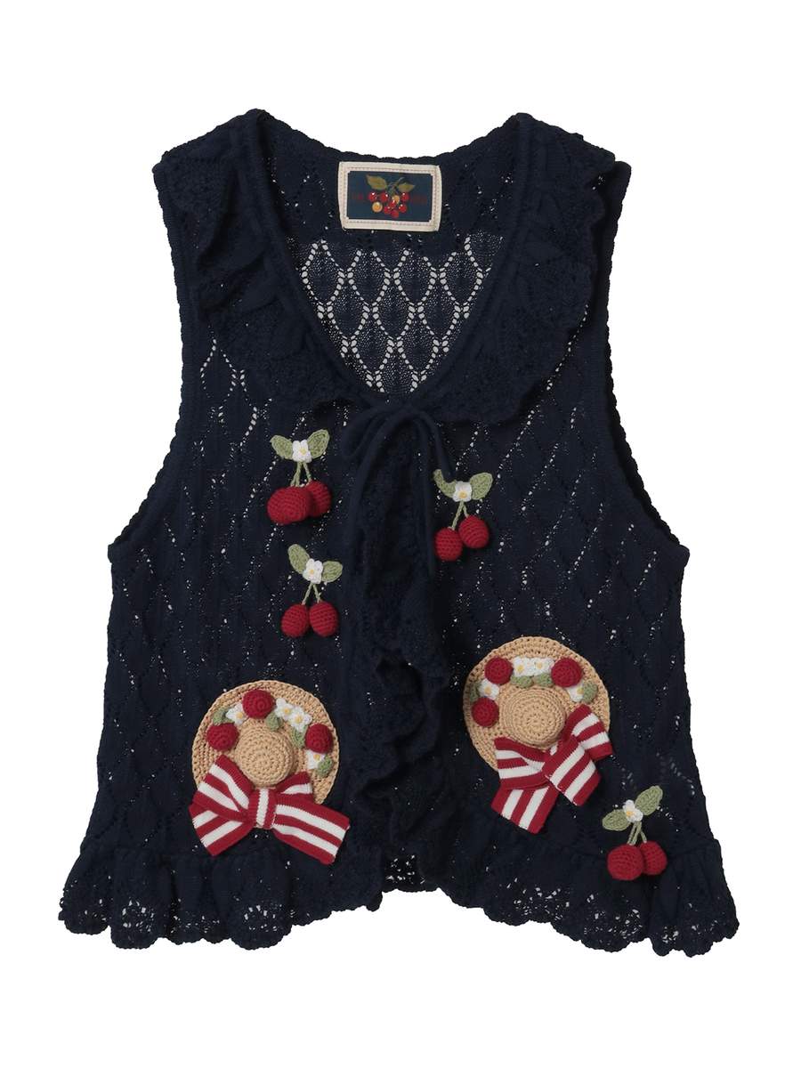 さくらんぼの日曜日モチーフ使いニットベスト 詳細画像 ネイビー 1