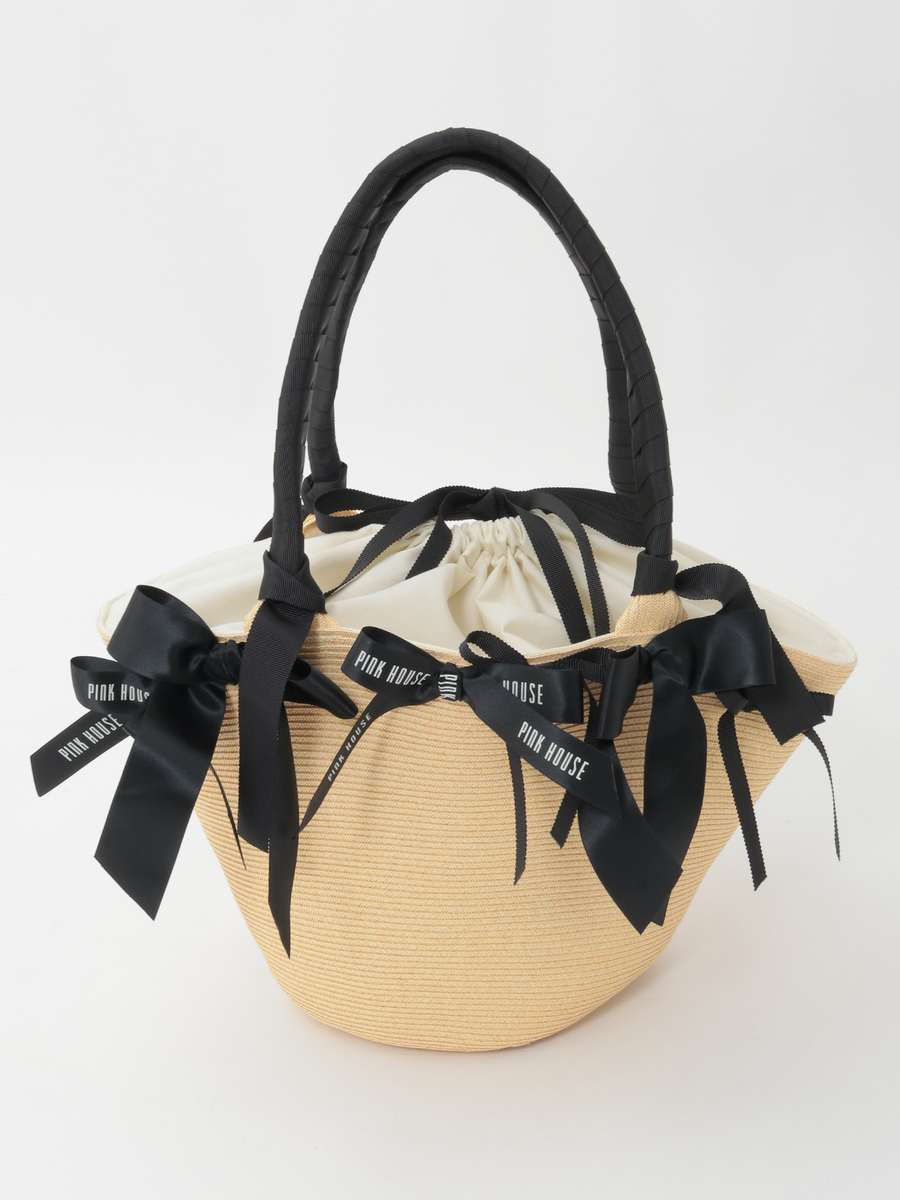 リボンいっぱい麦わらかごバッグ 詳細画像 ナチュラル&times;クロリボン 1