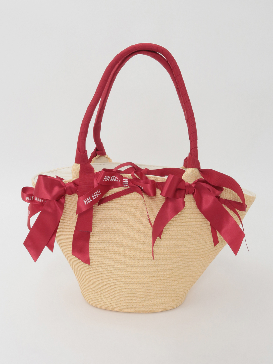 リボンいっぱい麦わらかごバッグ 詳細画像 ナチュラル&times;アカリボン 1