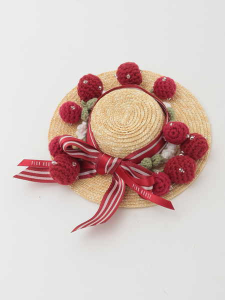 チェリーモチーフいっぱい麦わら帽子コサージュ