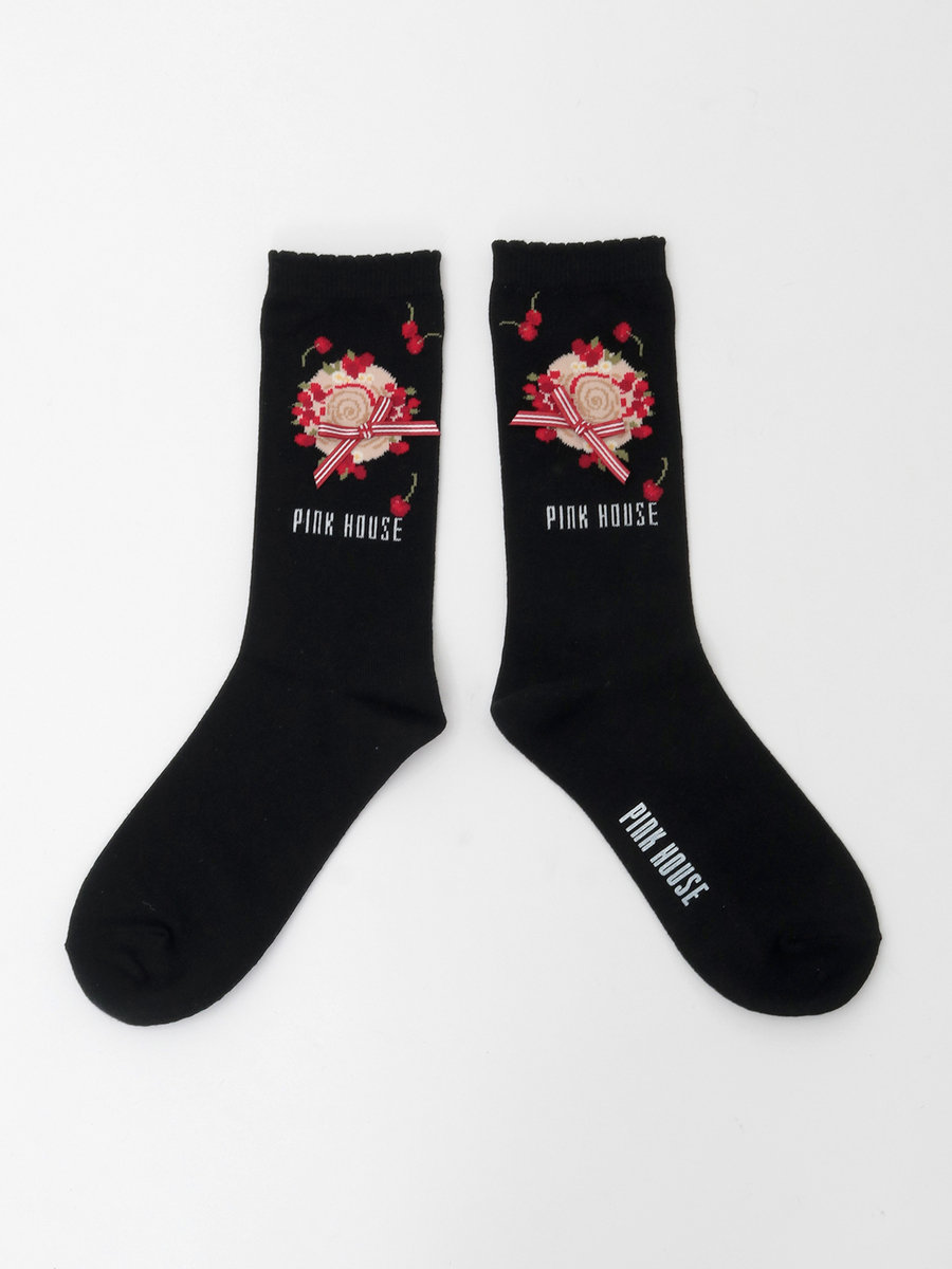 さくらんぼの日曜日モチーフソックス 詳細画像 クロ 1