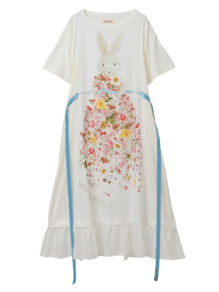 トロンプルイユラビットプリント使いカットソーワンピース