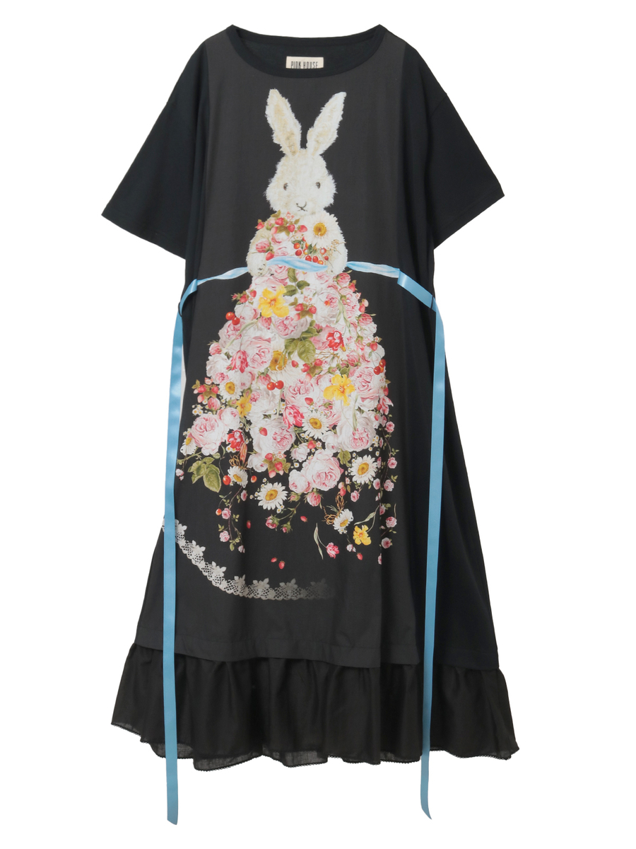 トロンプルイユラビットプリント使いカットソーワンピース 詳細画像 クロ 1