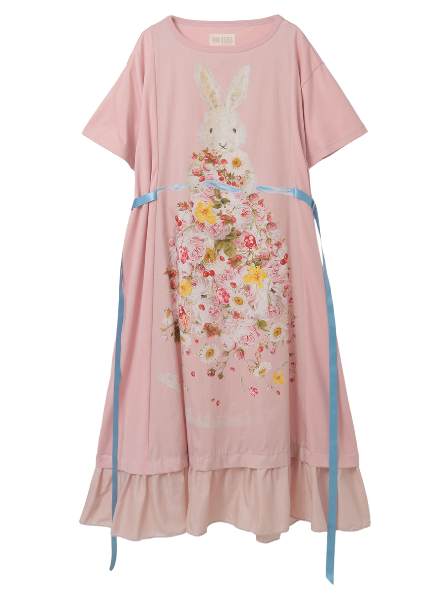 トロンプルイユラビットプリント使いカットソーワンピース 詳細画像 ピンク 1